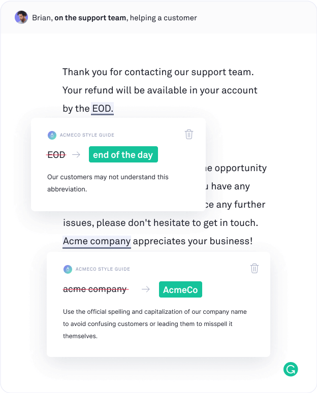 Example of how Grammarly can help alert your team when they are not using company, product, and trademark names correctly.